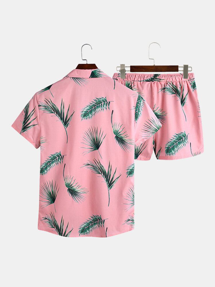 Mænd Tropical Leaf Print Feriestil Casual Skjortesæt