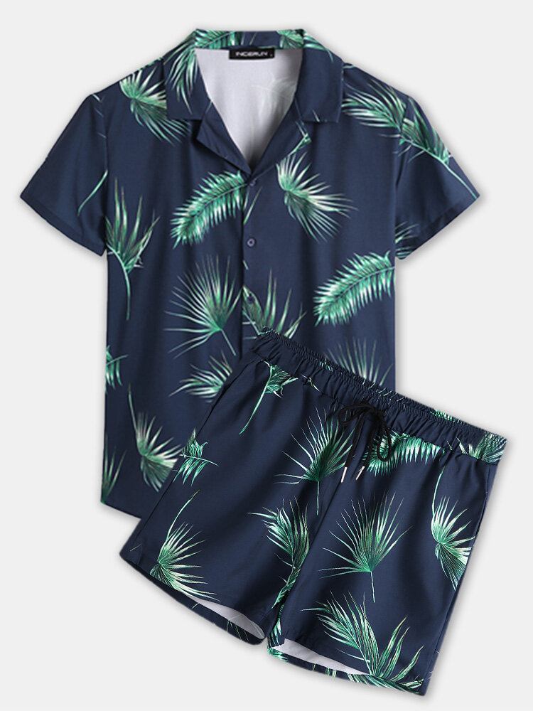 Mænd Tropical Leaf Print Feriestil Casual Skjortesæt