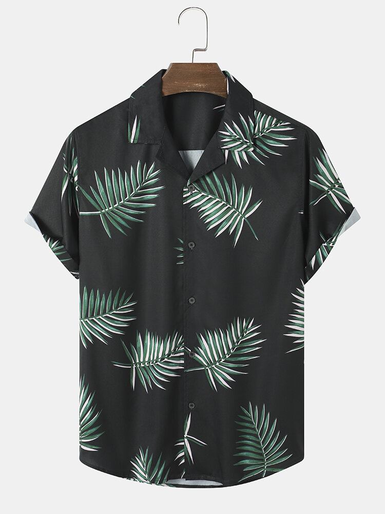 Mænd Tropical Leaf Print Kortærmet Hem Cuff Street Casual Skjorter