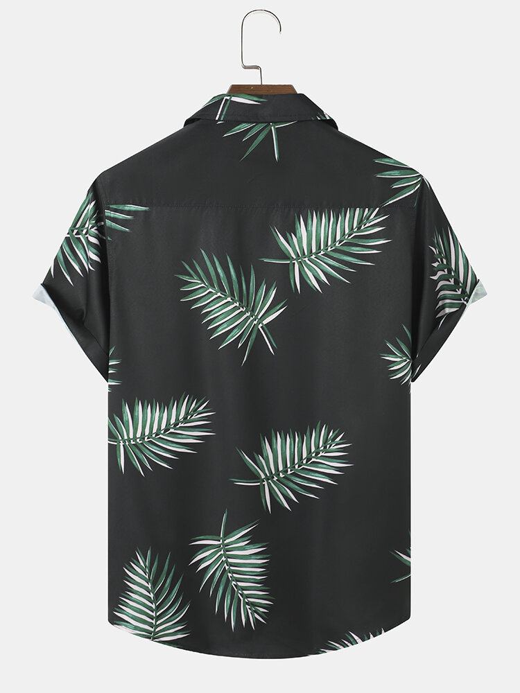 Mænd Tropical Leaf Print Kortærmet Hem Cuff Street Casual Skjorter