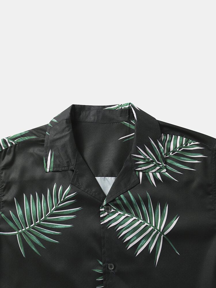 Mænd Tropical Leaf Print Kortærmet Hem Cuff Street Casual Skjorter