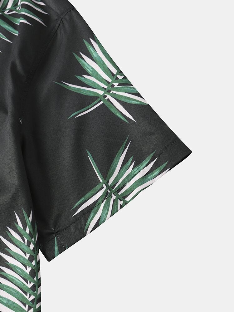 Mænd Tropical Leaf Print Kortærmet Hem Cuff Street Casual Skjorter