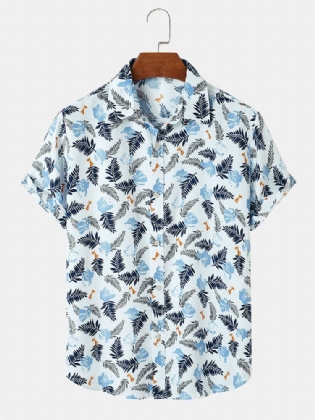 Mænd Tropical Leave Print Lapel Regular Fit Holiday Casual Kortærmede Skjorter