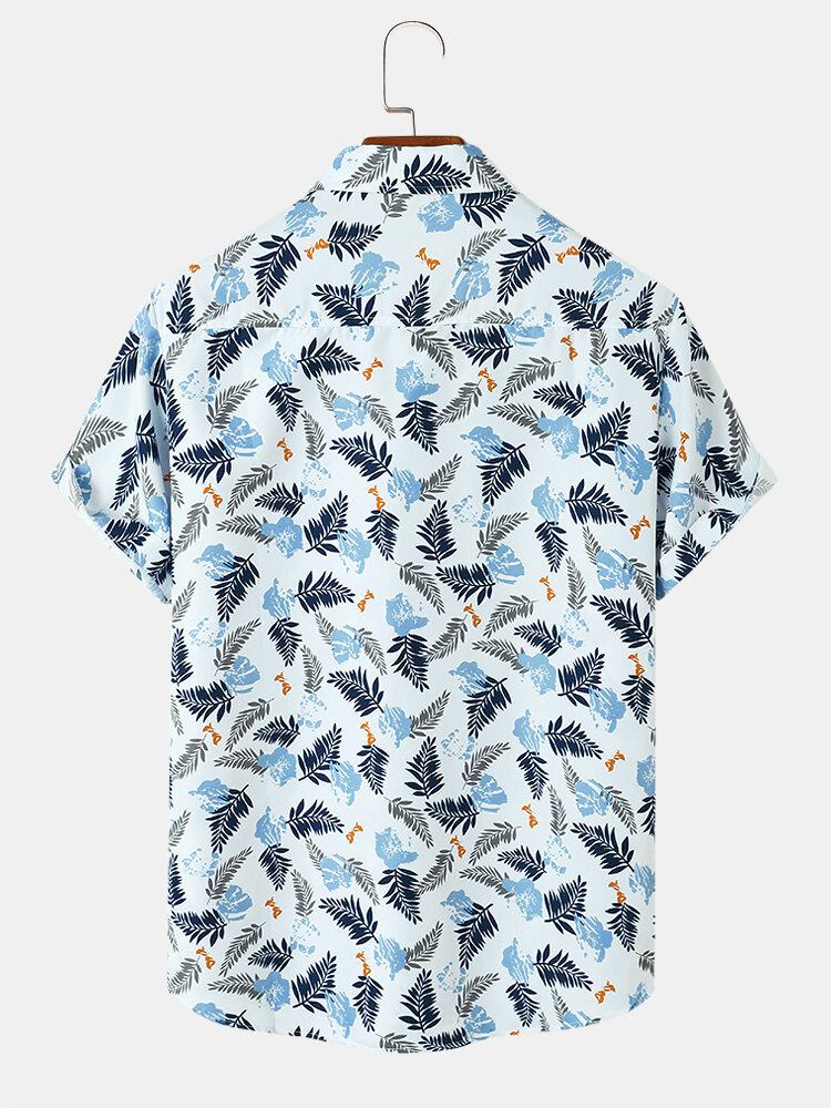 Mænd Tropical Leave Print Lapel Regular Fit Holiday Casual Kortærmede Skjorter