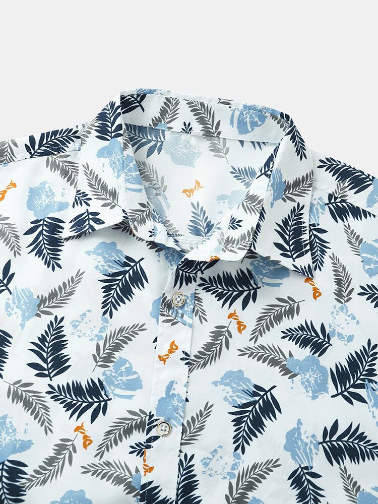 Mænd Tropical Leave Print Lapel Regular Fit Holiday Casual Kortærmede Skjorter