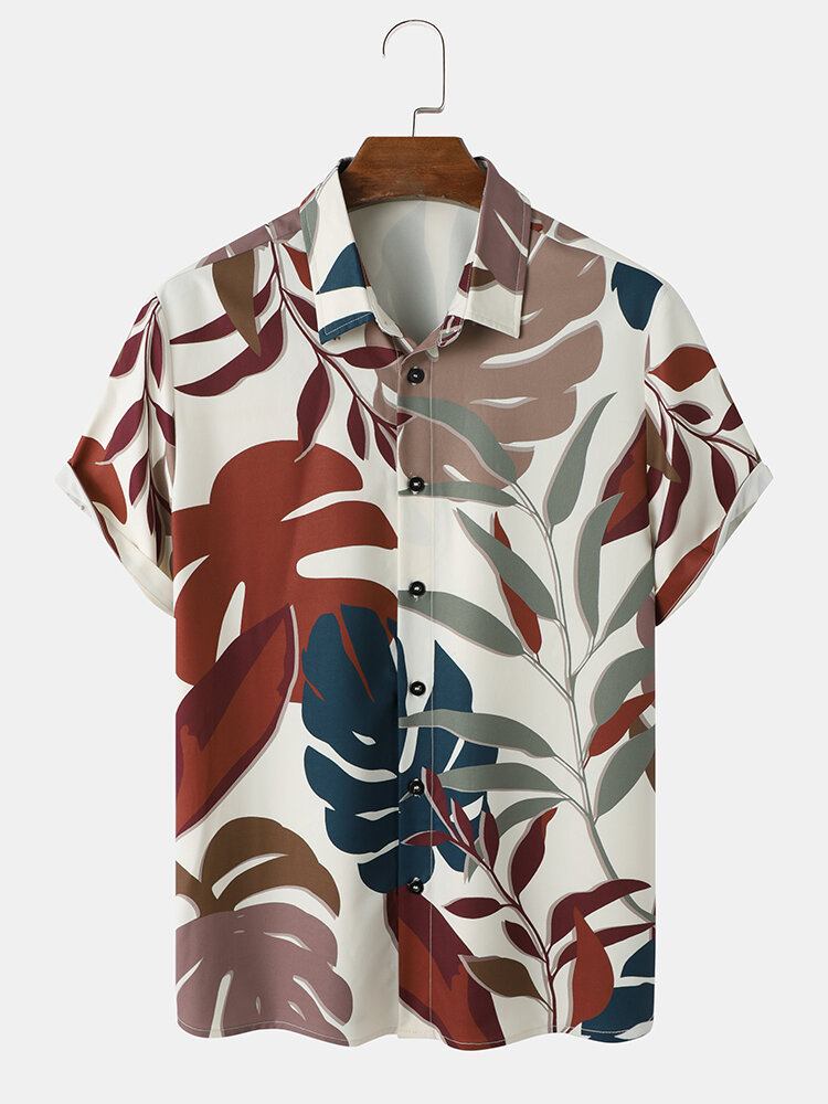 Mænd Tropical Leaves Button Lapel Kortærmede Casual Shirts