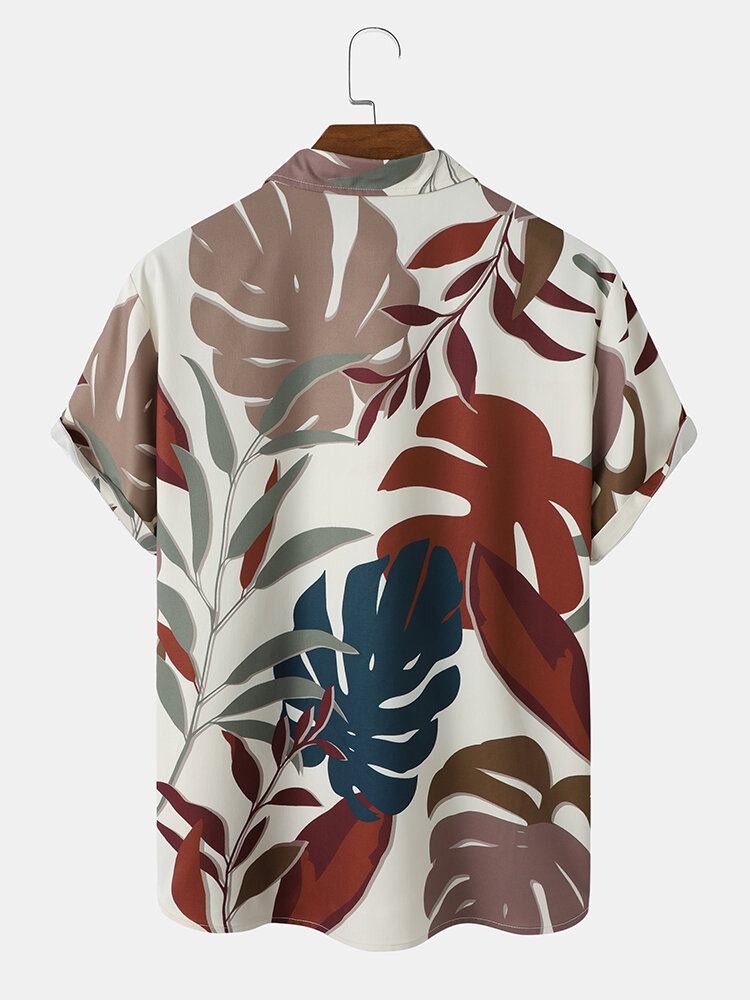 Mænd Tropical Leaves Button Lapel Kortærmede Casual Shirts