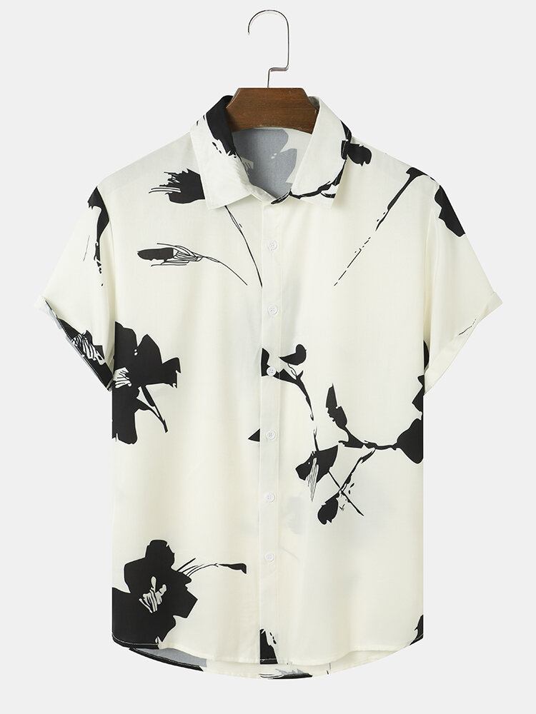 Mænds Blækplanter Print Button Up Holiday Kortærmede Skjorter