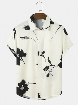 Mænds Blækplanter Print Button Up Holiday Kortærmede Skjorter