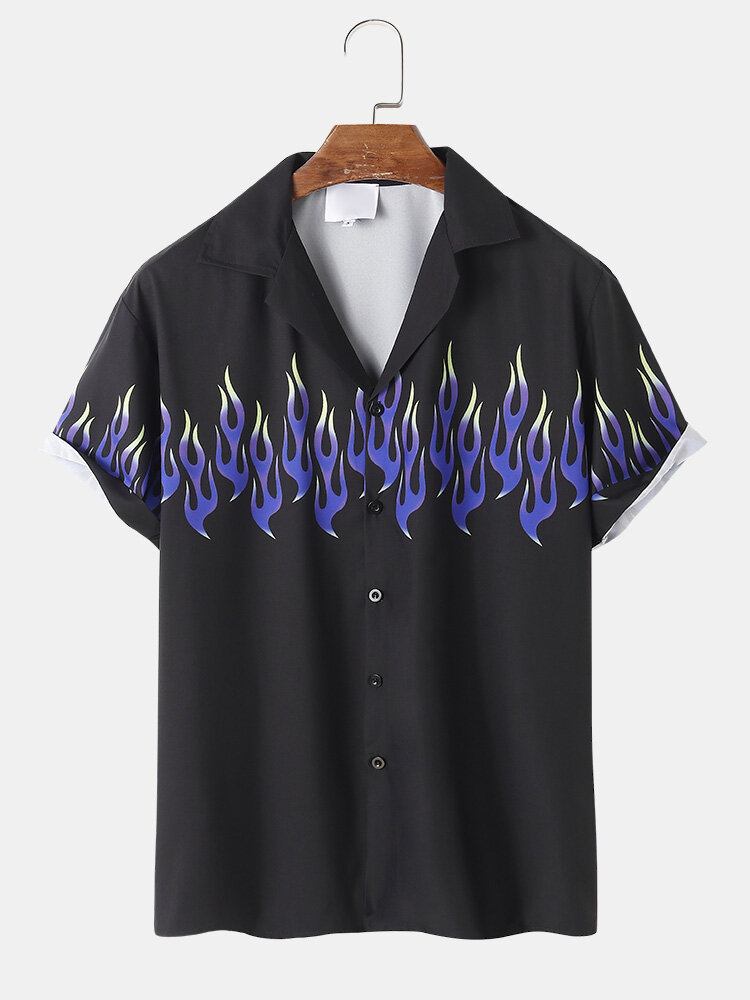 Mænds Brandmønster Print Revere Collar Casual Skjorter