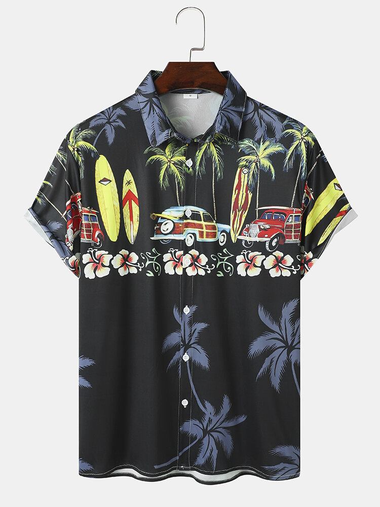 Mænds Coconut Tree Car Print Lapel Holiday Kortærmede Skjorter