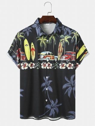 Mænds Coconut Tree Car Print Lapel Holiday Kortærmede Skjorter