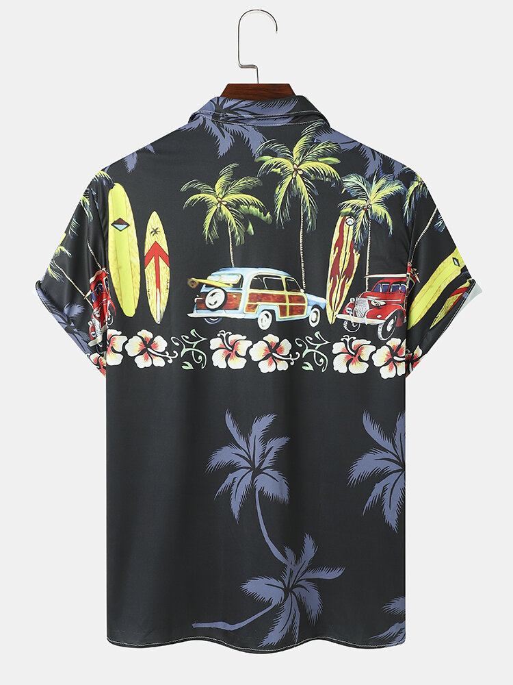 Mænds Coconut Tree Car Print Lapel Holiday Kortærmede Skjorter