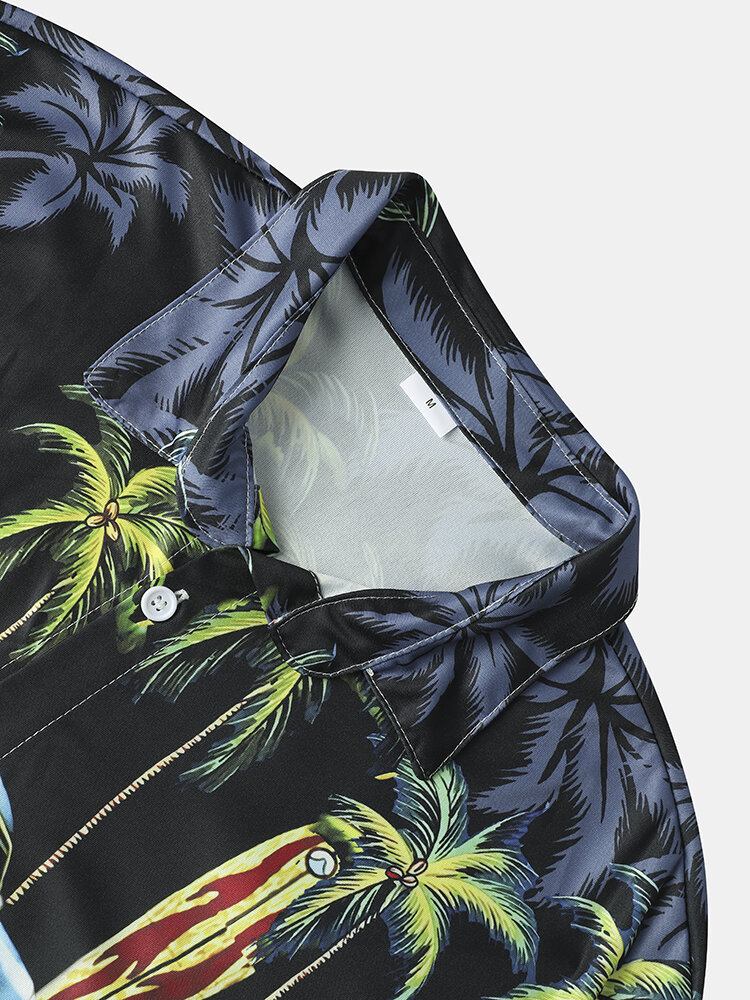 Mænds Coconut Tree Car Print Lapel Holiday Kortærmede Skjorter