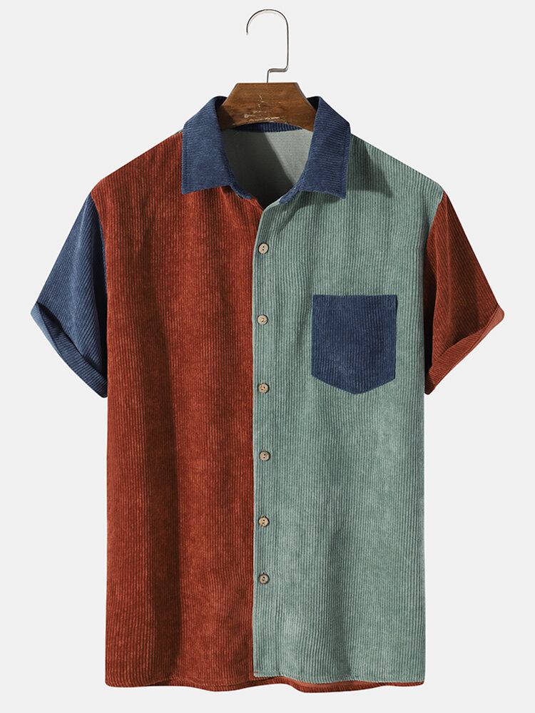 Mænds Color Block Pocket Corduroy Casual Skjorter