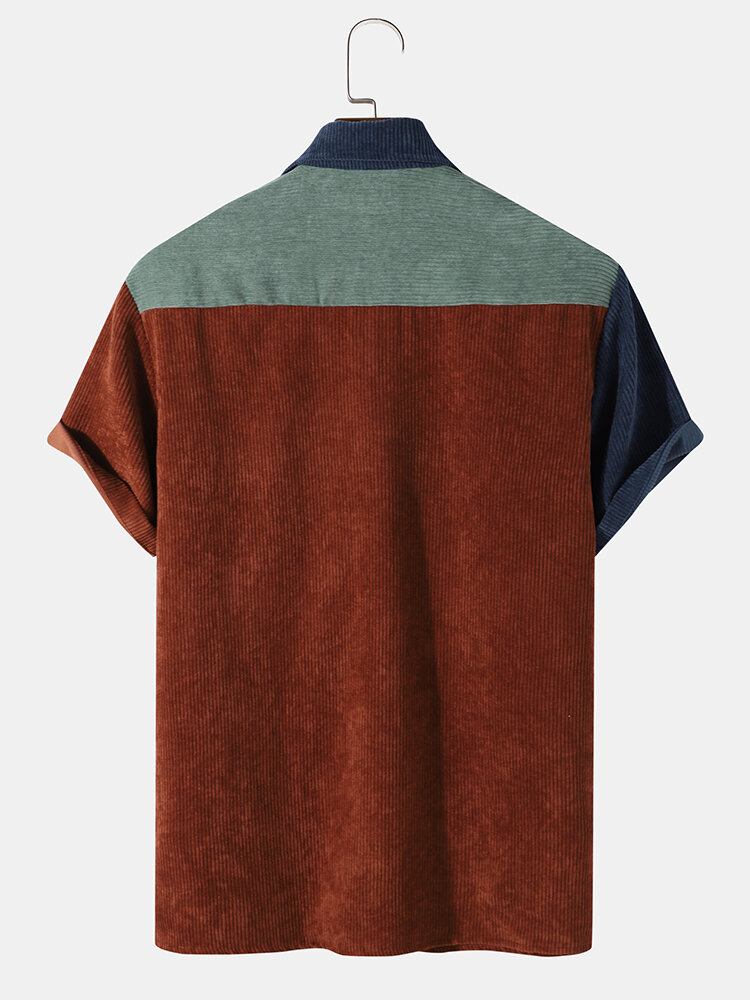 Mænds Color Block Pocket Corduroy Casual Skjorter