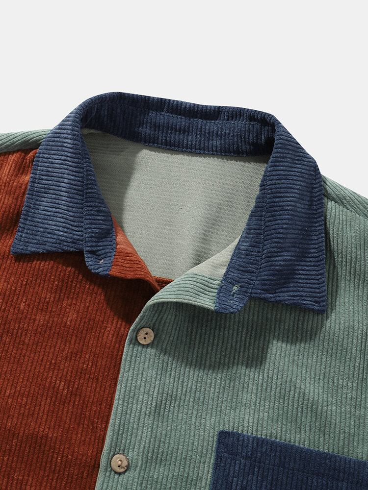 Mænds Color Block Pocket Corduroy Casual Skjorter