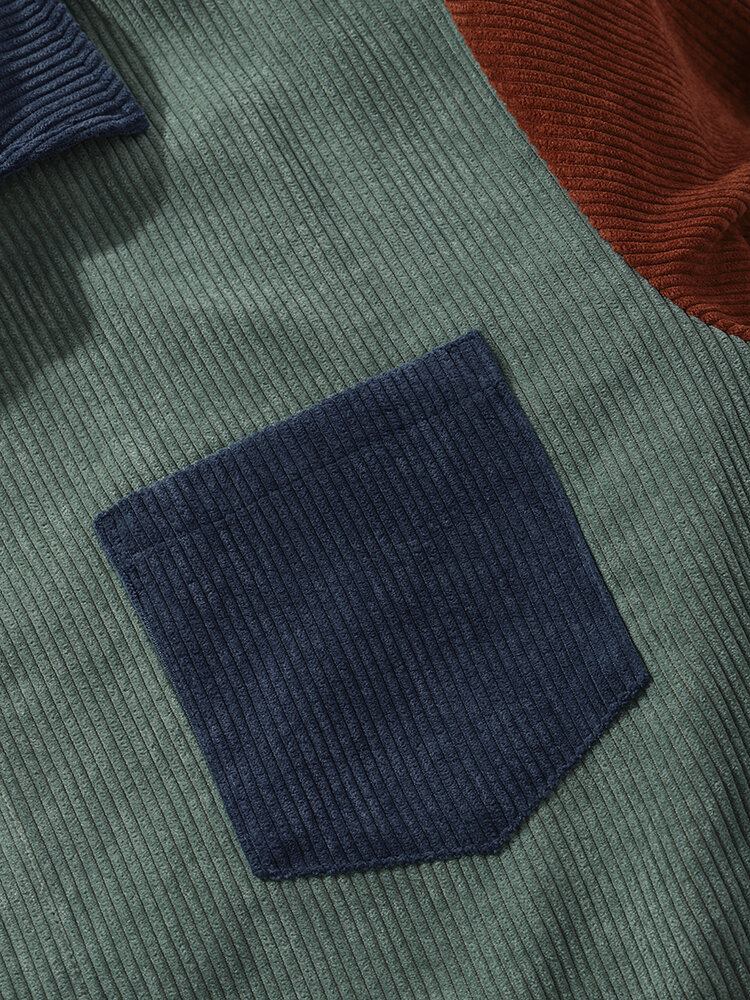 Mænds Color Block Pocket Corduroy Casual Skjorter