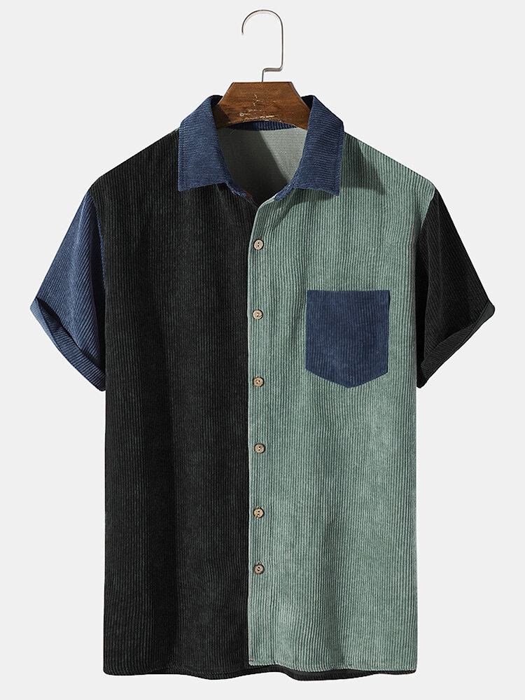 Mænds Color Block Pocket Corduroy Casual Skjorter