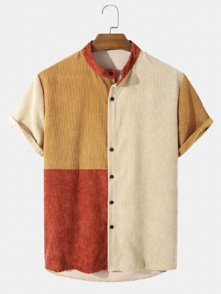 Mænds Corduroy Colour Block Panel Patchwork Grandad Collar Shirts