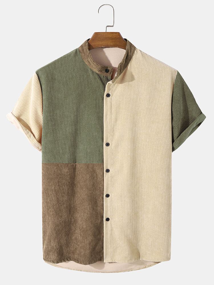 Mænds Corduroy Colour Block Panel Patchwork Grandad Collar Shirts