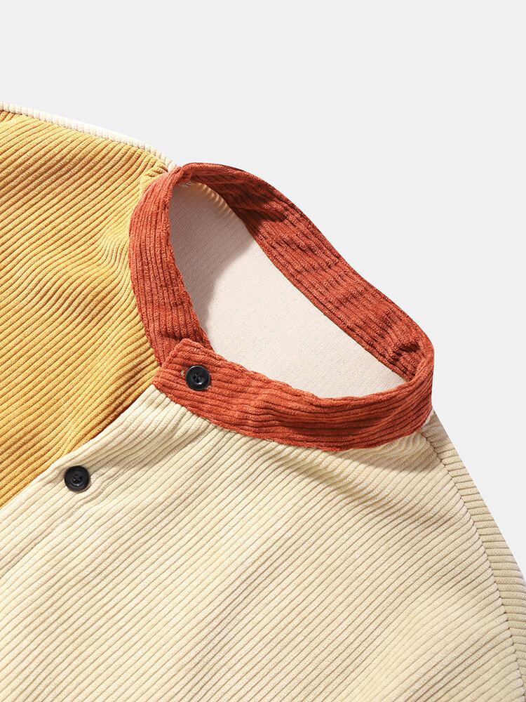 Mænds Corduroy Colour Block Panel Patchwork Grandad Collar Shirts