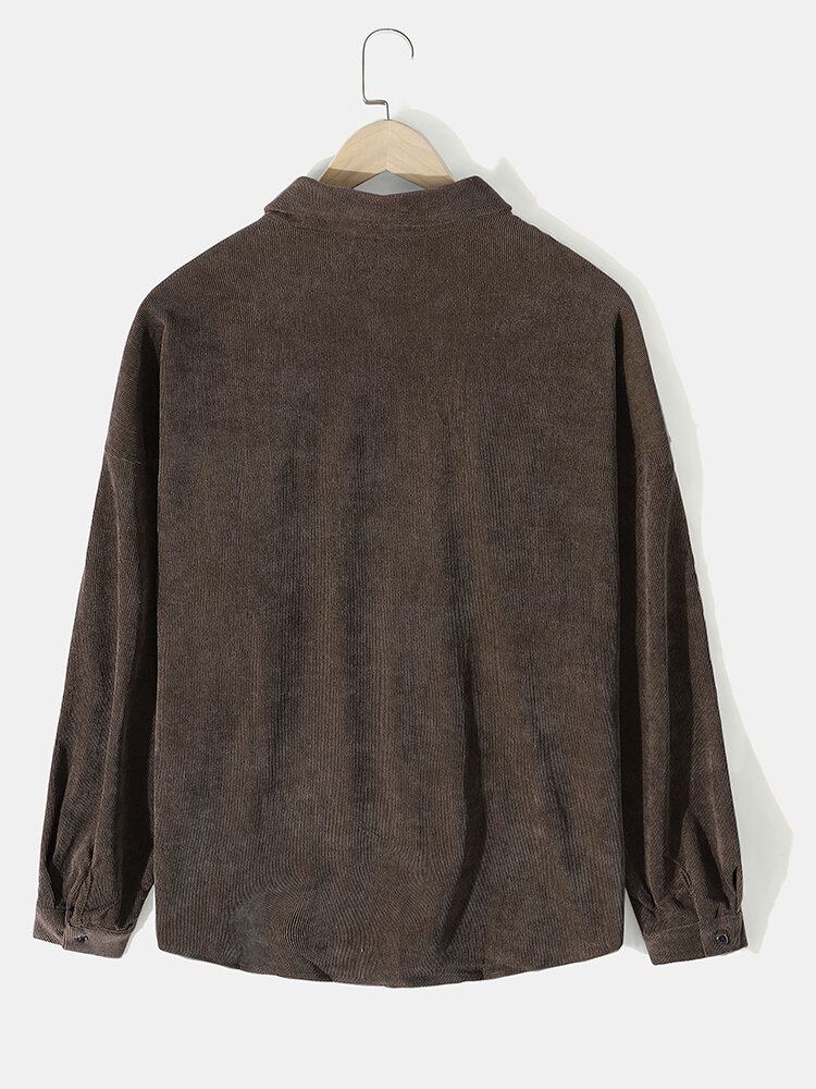 Mænds Corduroy Solid Label Langærmet Casual Skjorte