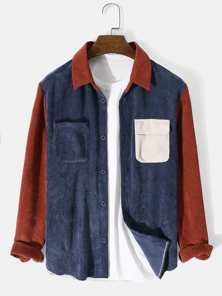 Mænds Corduroy Splejsningslomme Color Block Casual Skjorte