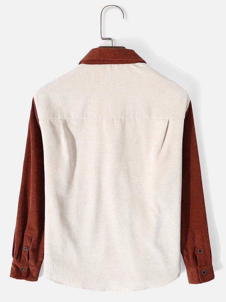 Mænds Corduroy Splejsningslomme Color Block Casual Skjorte