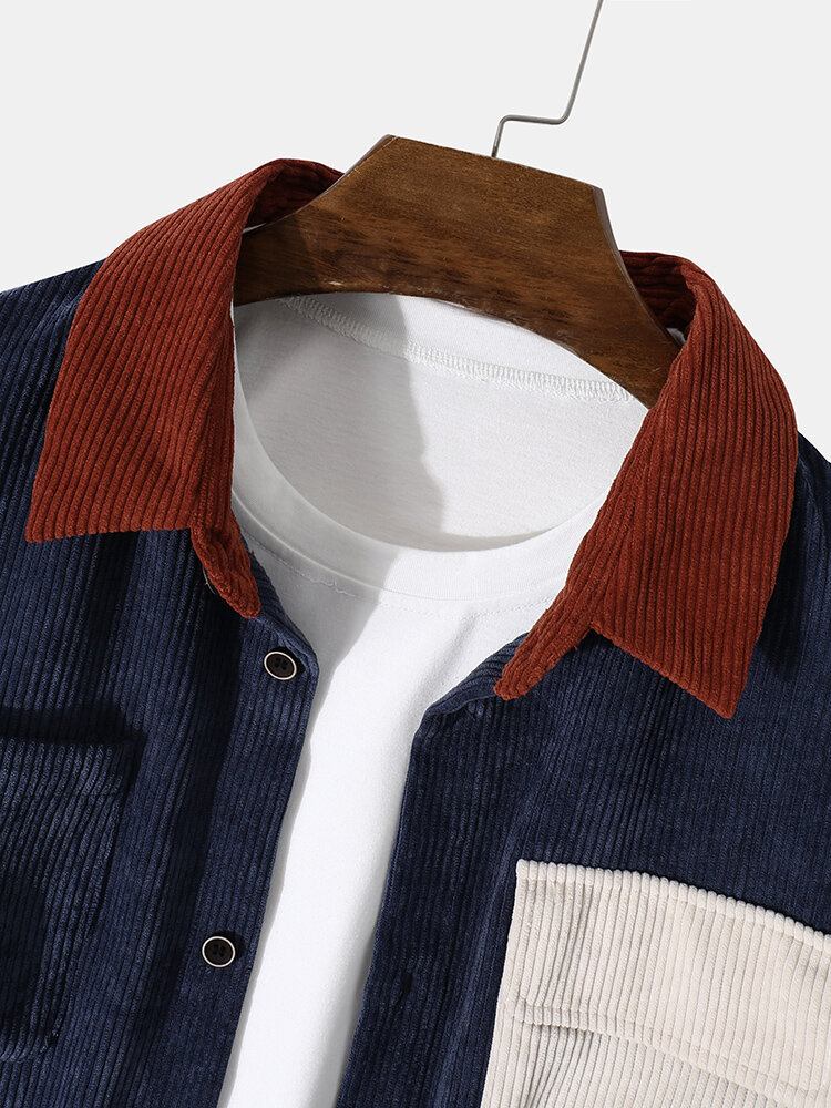 Mænds Corduroy Splejsningslomme Color Block Casual Skjorte