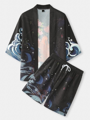 Mænds Fish Cherry Blossoms Koi Back Print Kimono Japansk Two Piece Outfits