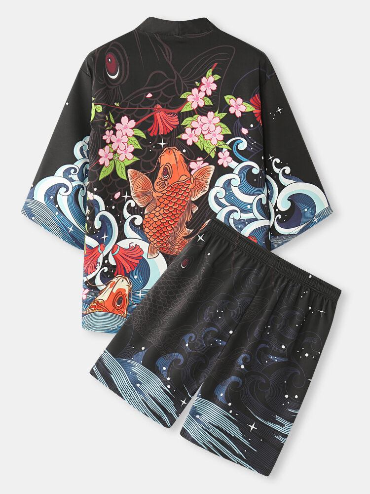 Mænds Fish Cherry Blossoms Koi Back Print Kimono Japansk Two Piece Outfits