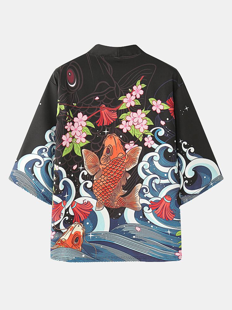 Mænds Fish Cherry Blossoms Koi Back Print Kimono Japansk Two Piece Outfits