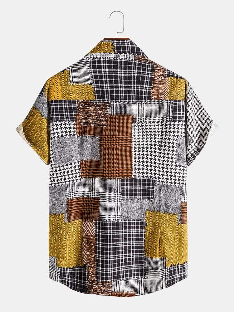 Mænds Holiday Plaid Houndstooth Color Block Patchwork-skjorter