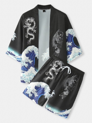 Mænds Japansk Stil Wave Koi Ukiyoe Print Kimono Two Piece Outfits