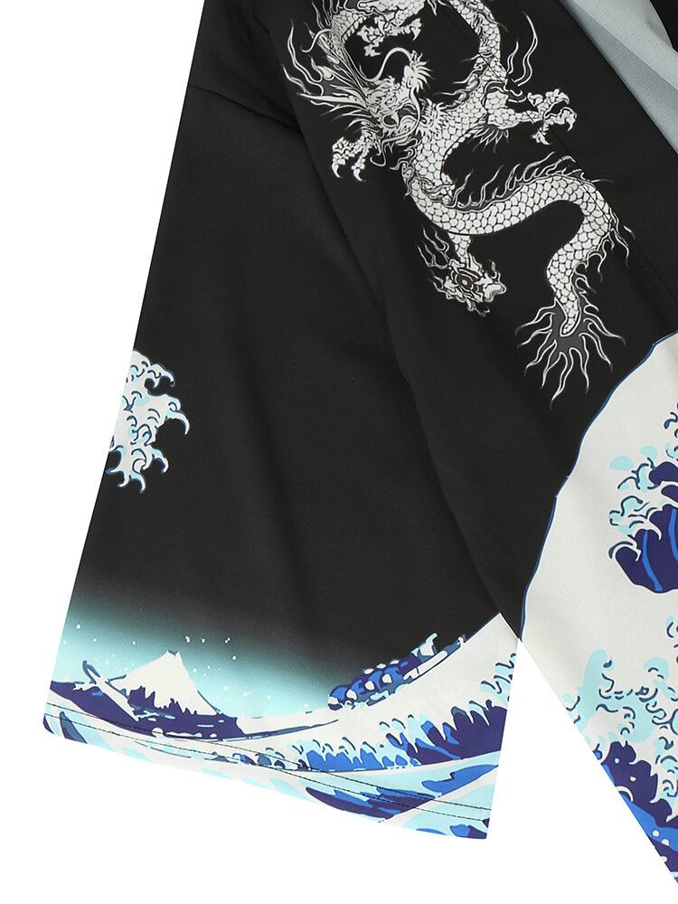 Mænds Japansk Stil Wave Koi Ukiyoe Print Kimono Two Piece Outfits