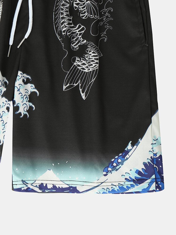 Mænds Japansk Stil Wave Koi Ukiyoe Print Kimono Two Piece Outfits