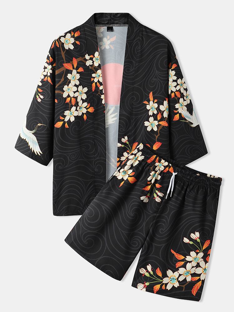 Mænds Kimono Floral Crane Print Åben Front I To Stykker Outfits