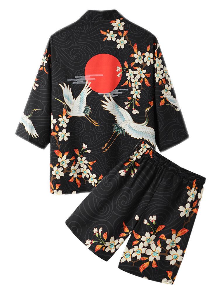 Mænds Kimono Floral Crane Print Åben Front I To Stykker Outfits