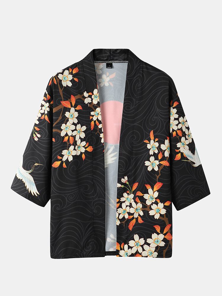 Mænds Kimono Floral Crane Print Åben Front I To Stykker Outfits