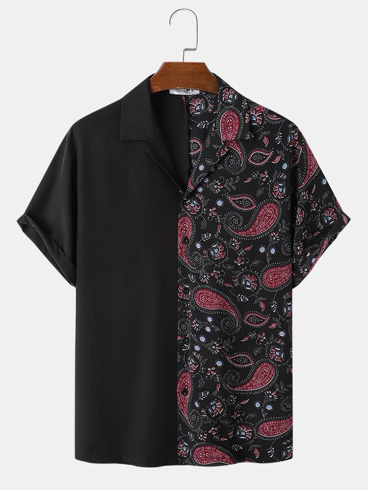 Mænds Kontrastfarvede Paisley Print Stitching Revere Collar Kortærmede Skjorter