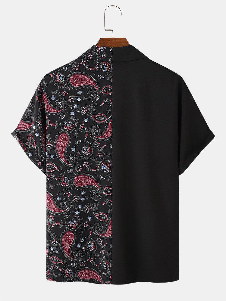 Mænds Kontrastfarvede Paisley Print Stitching Revere Collar Kortærmede Skjorter