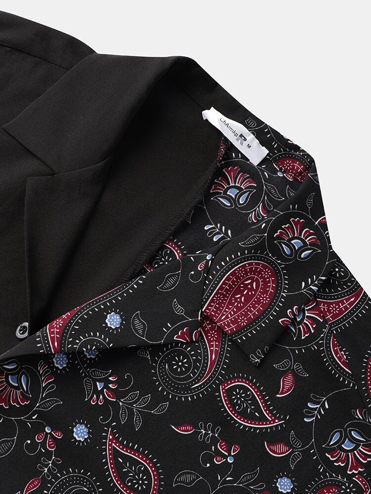 Mænds Kontrastfarvede Paisley Print Stitching Revere Collar Kortærmede Skjorter