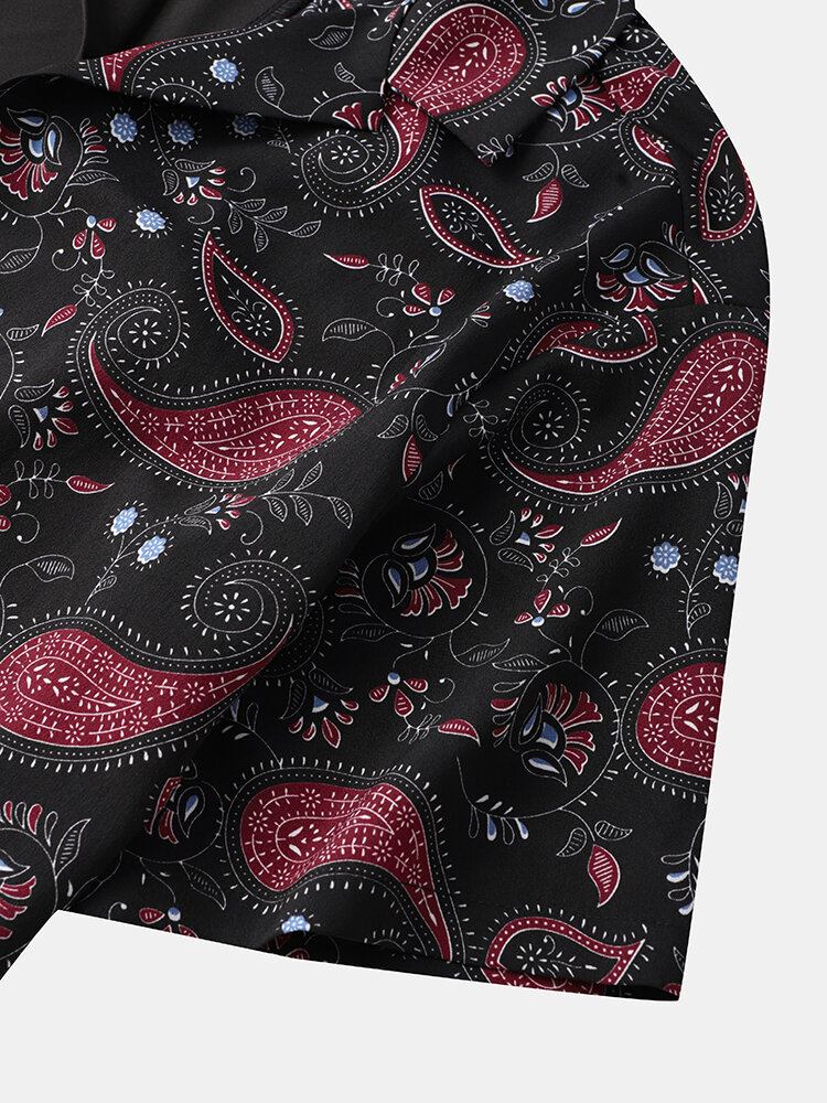 Mænds Kontrastfarvede Paisley Print Stitching Revere Collar Kortærmede Skjorter