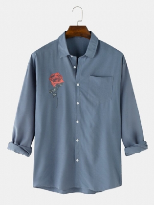 Mænds Rosetrykt Lommeknap Løs Vintage Skjorte