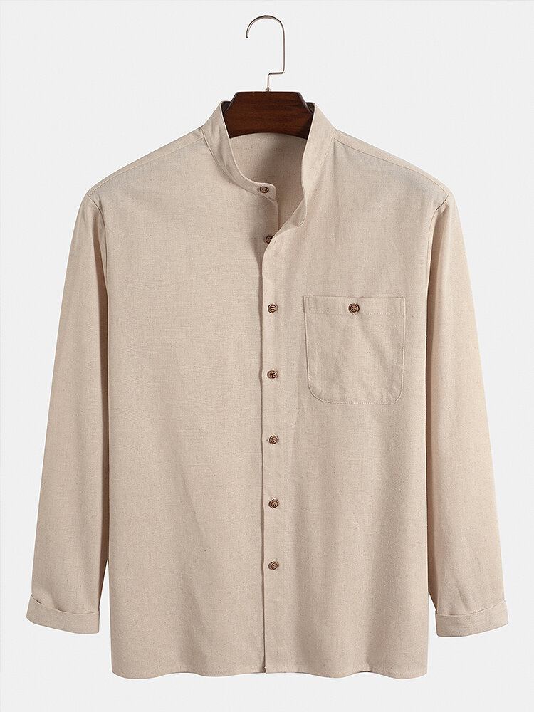 Mænds Solid Stand-krave Button Up Pocket Shirt