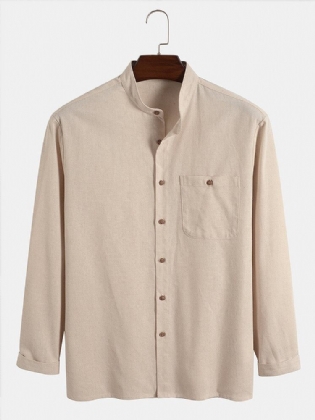 Mænds Solid Stand-krave Button Up Pocket Shirt