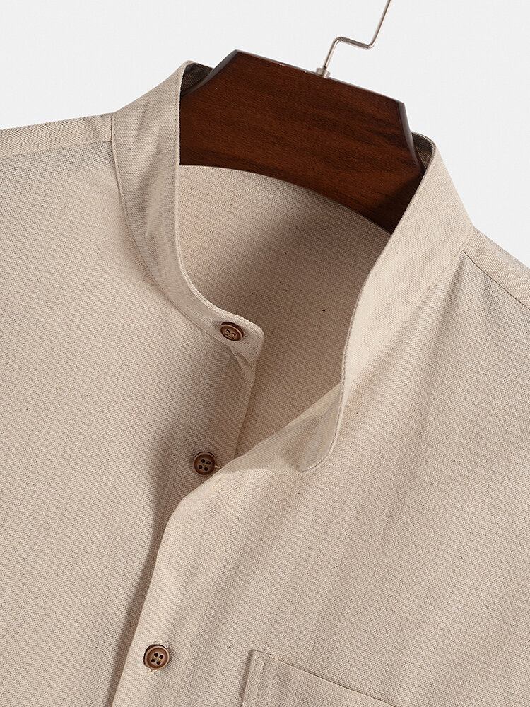 Mænds Solid Stand-krave Button Up Pocket Shirt