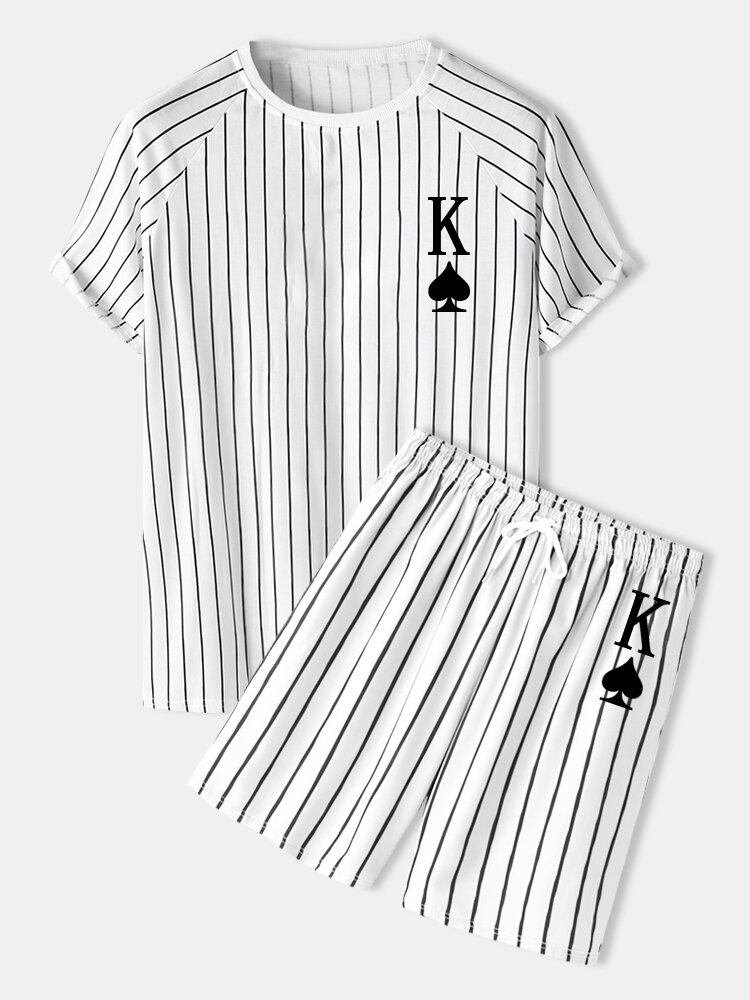 Mænds Stripe K Poker Print Raglan-ærmer Casual Skjorter I To Dele