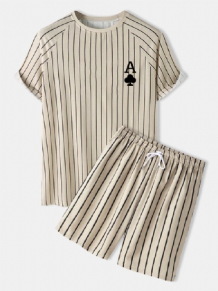 Mænds Stripe Plum A Poker Print Raglan-ærmer Casual Skjorter Shorts